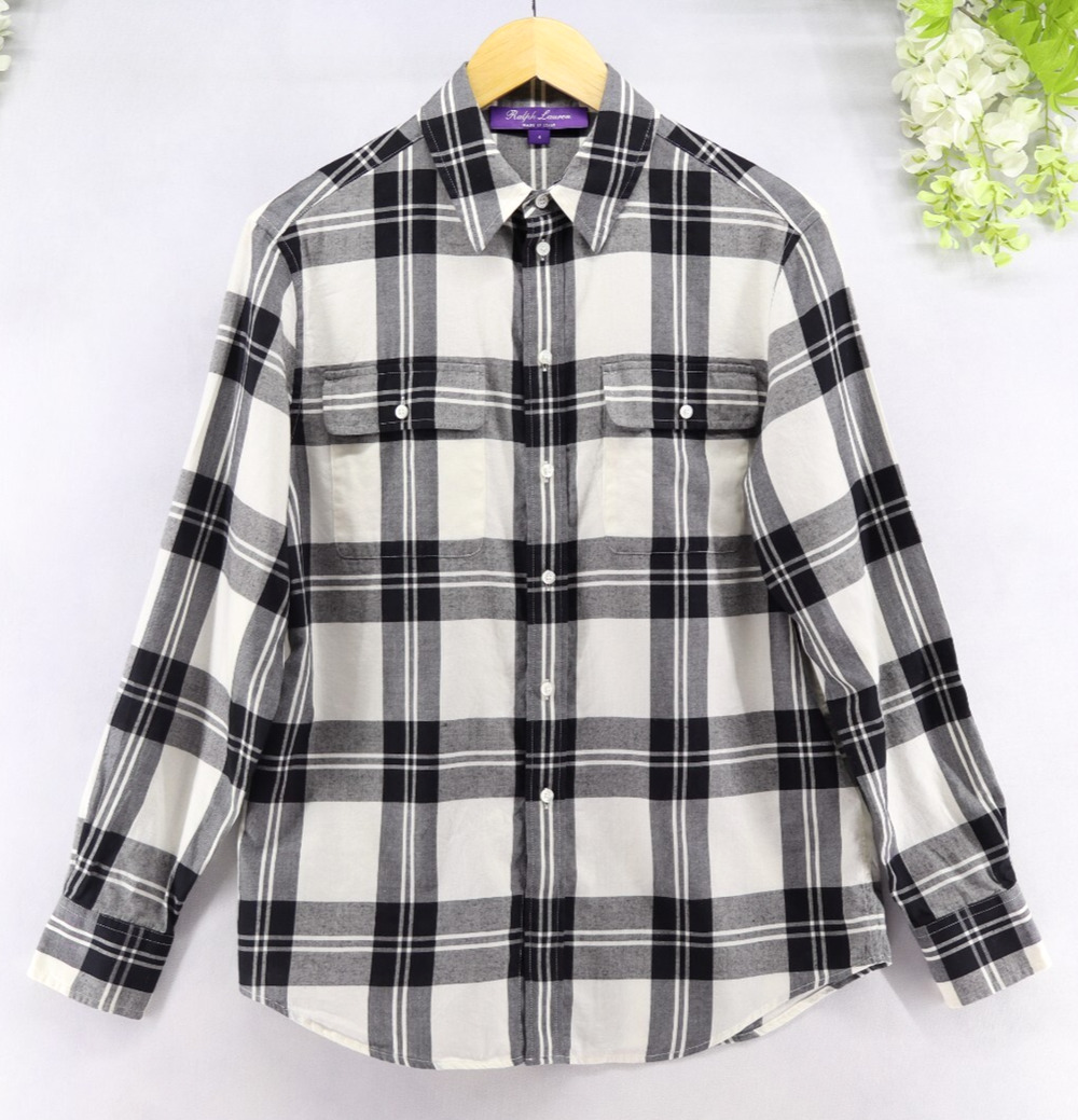 Ralph Lauren Purple Label Sz 4 Darleen Plaid Shirt Cotton Old Money Quiet Luxury